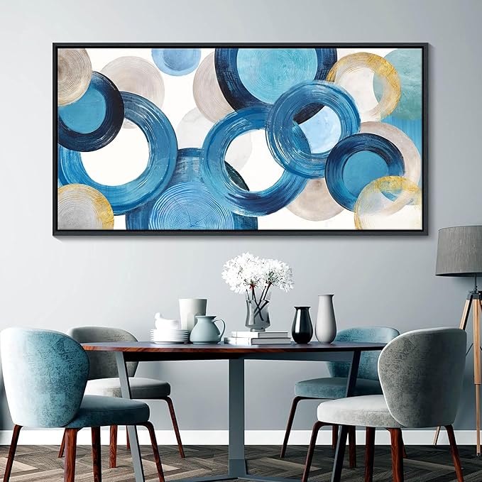 HKDGOKA Large Wall Art Living Room - Framed Abstract Canvas Wall Art Bedroom Teal Blue Circle Fantasy Painting Artwork Pictures Ready to Hang for Kitchen Bathroom Office Home Decor 29x58 In
