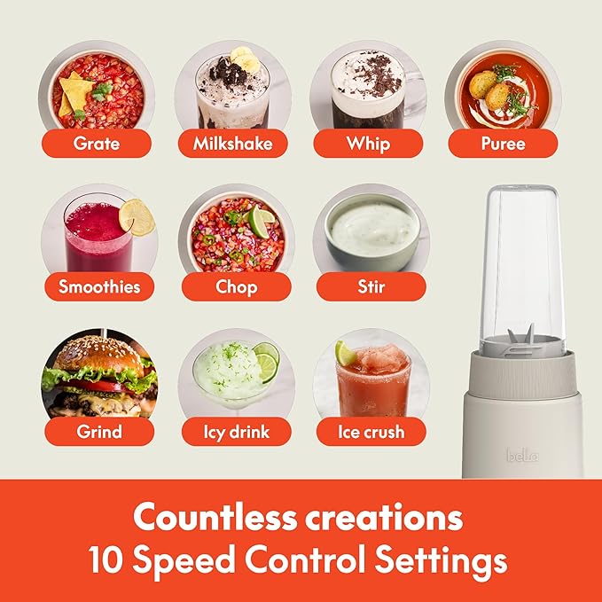 bella 6 Pcs Portable Rocket Blender, Juicer & Smoothie Maker, Press & Twist Design, EverGood™ & BPA Free Dishwasher Safe Parts, 4 Tip Stainless Steel Blade, Cord Wrap, 240 Watt Motor, Oatmilk