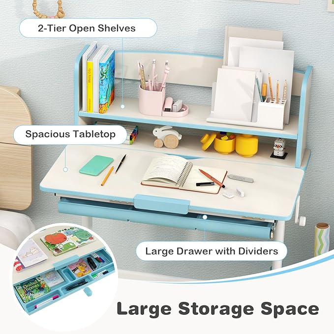 Costzon Kids Desk, Height Adjustable Children Study Desk with Tilt Desktop, Storage Drawer, Hutch, Scale Ruler, Student Writing Table School Desk for Boys Girls Bedroom, Desk for Kids (Blue)