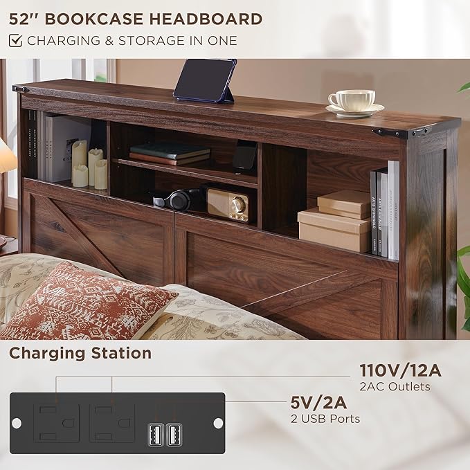 ACCOHOHO Queen Bed Frame with 52" Tall Headboard and 4 Drawers,LED Light,Charging Station,Solid Wood Slats Support,No Box Spring Needed,Brown