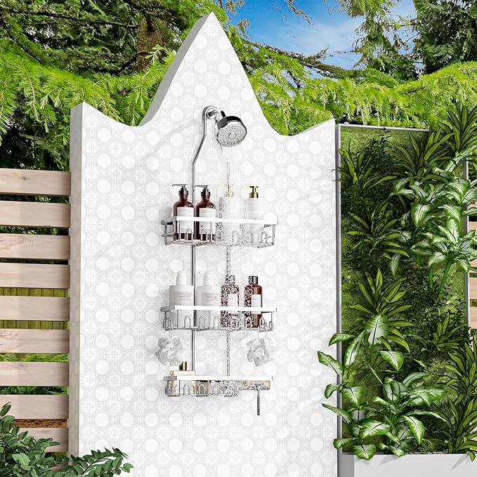 Shower Caddy,Rustproof Shower Shelves Over Shower Head,Triple Adjustable Storage,Silver