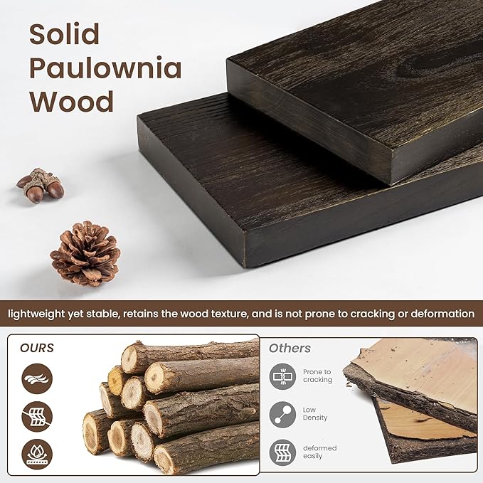 fuqing 55 Inch Wide x 9.3 Inch Deep Natural Wood Floating Shelves - Set of 1 - Country Rustic Walnut Wooden Wall Mounted Shelves with Upgraded Metal Brackets