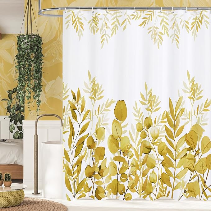 MitoVilla Yellow Fall Eucalyptus Shower Curtain, Plant Leaves Fabric Cloth Shower Curtains for Rustic Vintage Bathroom Decor, Modern Chic Botanical Shower Curtain, 72x72
