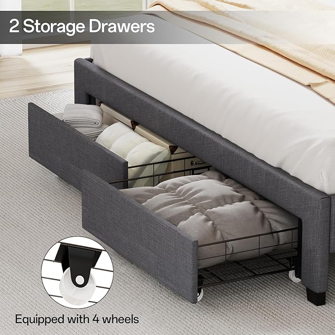 Queen Size Bed Frame, Queen Bed Frame with Storage Drawers, Upholstered Bed Queen Size with Charging Station and LED Lights, Easy Assembly, Grey