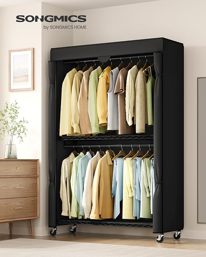 SONGMICS Heavy-Duty Rolling Clothes Rack, Garment Rack, Portable Closet, 43.3-Inch Wide Clothing Rack on Wheels, with Adjustable Mesh Shelves and Hanging Rails, Fabric Cover, Ink Black ULGR415B01