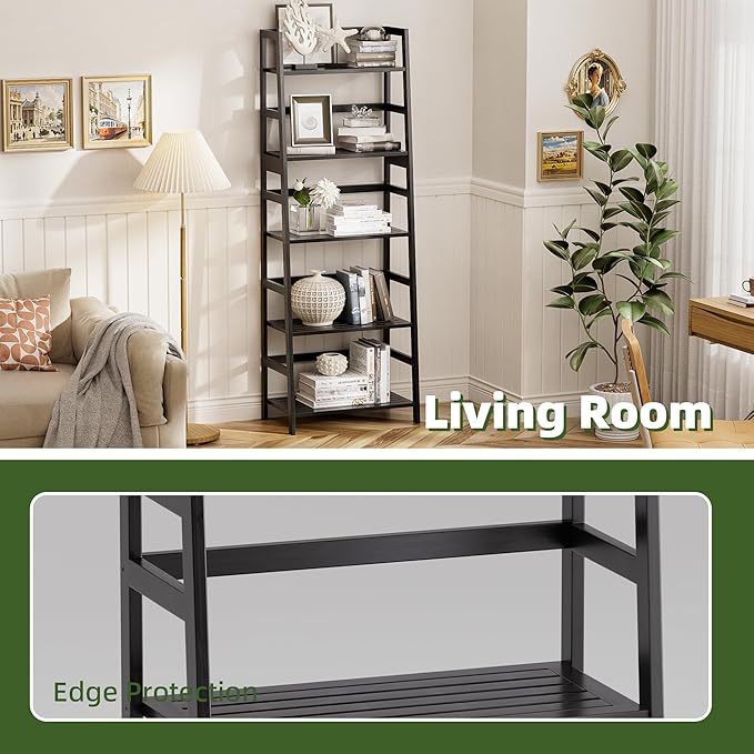 Ladder Shelf, 5-Tier Bookshelf, All Bamboo Heavy Duty Bookcase, Freestanding Open Wood Storage Rack, Modern Corner Display Plant Stand for Living Room, Home Office, Bathroom, Bedroom, Black