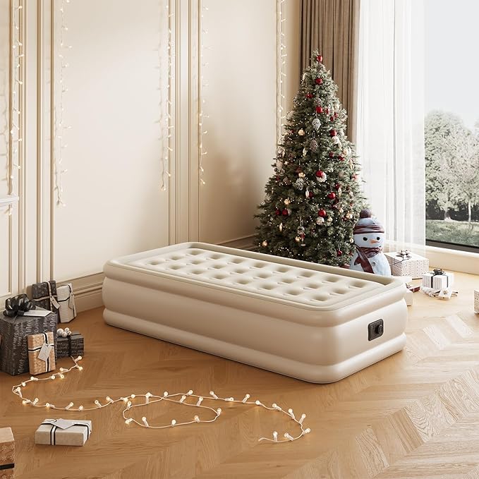 Twin Air Mattress with Built in Pump, Single Air Bed with Portable Storage Bag, 18'' Blow up Mattress Suitable for Home and Guests, Top Flocking, 18" Twin Khaki