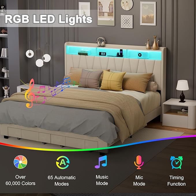 King Size Bed Frame, Velvet Upholstered LED Platform Bed with Headboard Storage, King Bed Frame Built-in Charging Station with 2 Drawers, Wood Slat Support, No Box Spring Needed, Beige