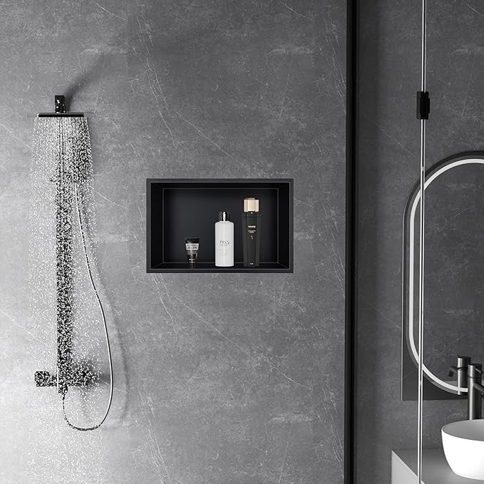 Stainless Steel Shower Niche 18" X 12", No Tile Needed Wall Niche, Recessed Shower Shelf for Bathroom Storage, Matte Black