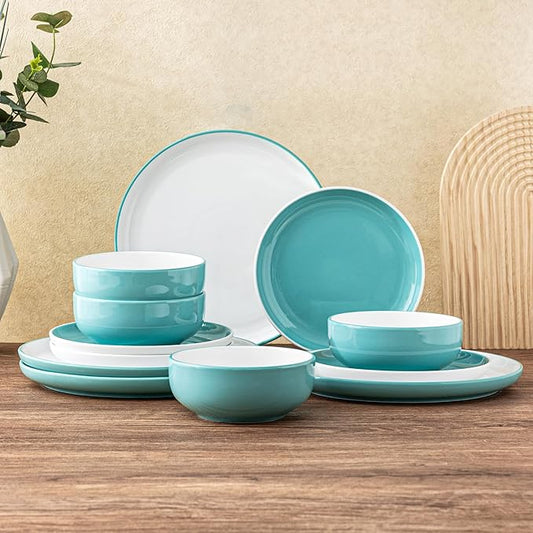 GBHOME 12 Pieces Ceramic Dinnerware Set, Modern White Dish Set for 4，Scratch Resistant Smooth Plates and Bowls Sets，Oven Safe，Microwave & Dishwasher