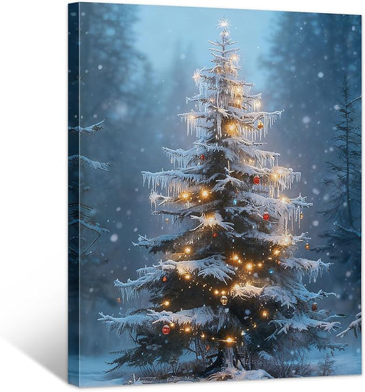 Framed Christmas Pictures Wall Decor,Vintage Pine Tree Prints,Winter Christmas Canvas Wall Art Decoration for Bedroom Bathroom Living Room Rustic Xmas Holiday Gifts (Christmas Tree 15, 16'' X 24'')