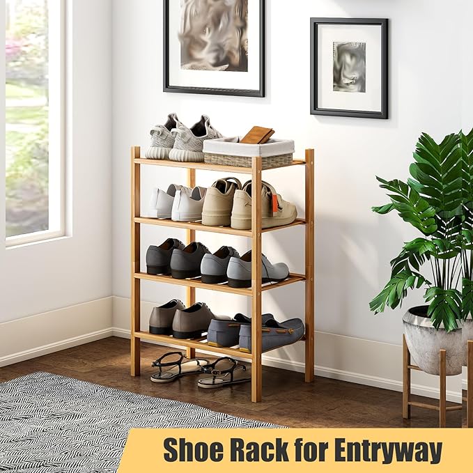 Small Shoe Rack, 4-Tier Bamboo Stackable Shoe Shelf Storage Organizer, Shoe Stand for Closet, Entryway and Hallway