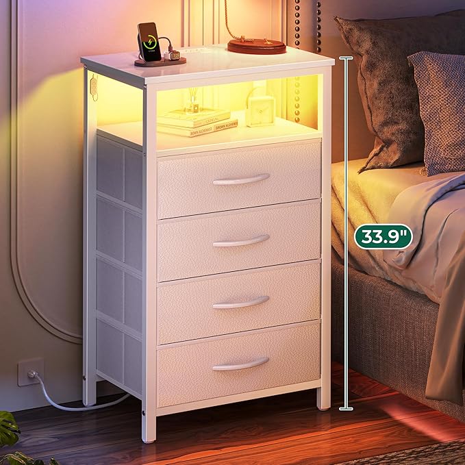 Huuger Night Stand with Charger Station and LED Lights, 4 Drawer Nightstand, Bed Side Table with Open Shelf, End Table, Fabric Dresser for Bedroom, PU Leather, White