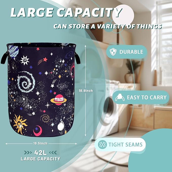 Colorful Galaxy Planet Laundry Basket Foldable Oxford Cloth Starry Sky Laundry Hamper With Handle Portable Clothes Storage Basket 18.9 X 16.5 Inch Storage Bag For Laundry Room/Bathroom/Bedroom