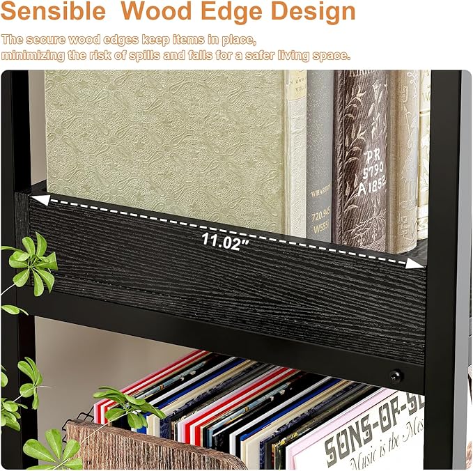 KOUSEI 5-Tier L-Shaped Reversible Corner Bookshelf, 65" Black Industrial Wood & Metal Bookcase, Wide Open Shelves + 4 Hooks for Living Room/Bedroom/Home Office