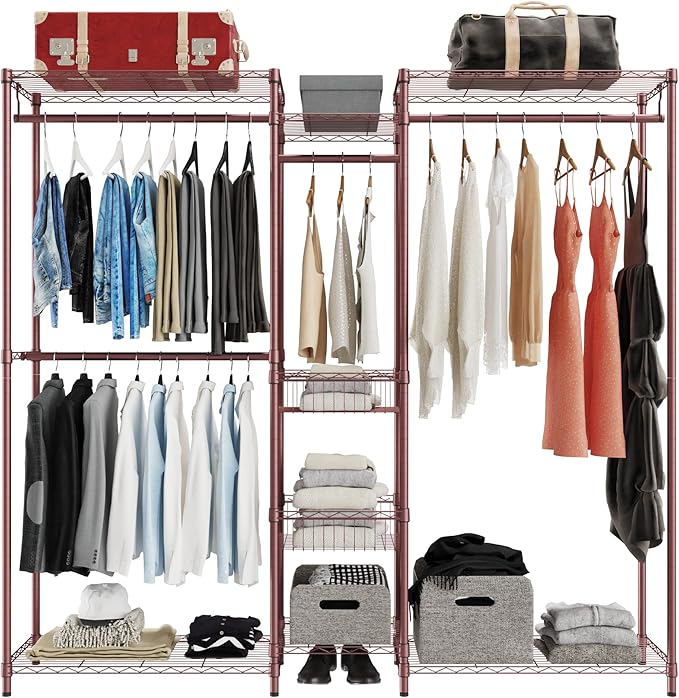 Xiofio 6 Tiers Heavy Duty Clothes Rack, Metal Clothing Rack,Clothing Storage Organizer,Garment Rack with Basket,Hanging Adjustable Garment Rack,65.0" L x 15.7" W x 76.0" H,Max Load 800LBS,Bronze