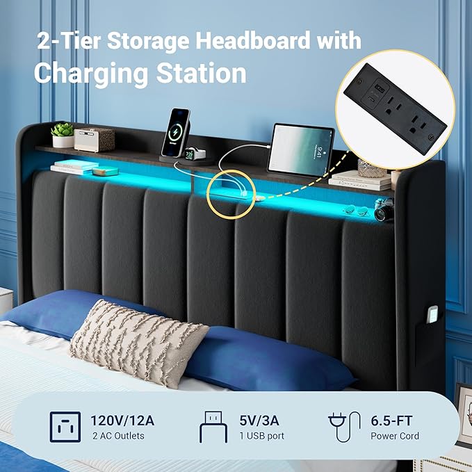 Allewie Velvet Vertical Tufted Full Size Upholstered Platform Bed Frame with 2-Tier LED Storage Headboard & 2 Storage Drawers, USB & Type-C Charging Ports, Noise-Free/No Box Spring Needed, Black