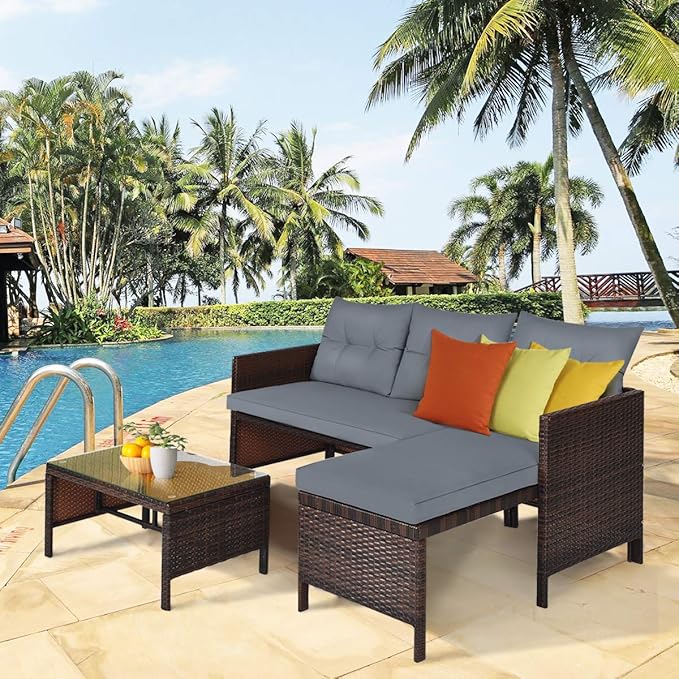 Tangkula Patio Corner Sofa Set 3 Piece, Outdoor Rattan Sofa Set, Includes Lounge Chaise, Loveseat & Coffee Table, Patio Garden Poolside Lawn Backyard Furniture