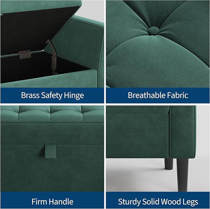 46.5" Storage Ottoman Bench – Upholstered End-of-Bed Storage Chest with Rolled Armrests & Wood Legs, Entryway Shoe Bench and Footrest Seat for Hallway, Bedroom & Living Room & Walk-in Closet (Green)