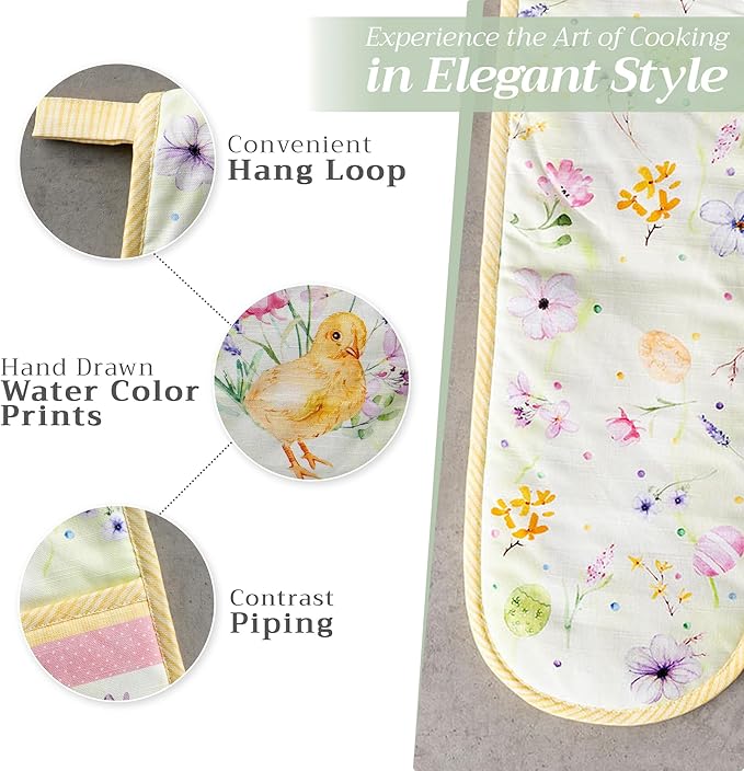 Maison d' Hermine Double Oven Mitts 100% Cotton 7"x35" Double Oven Mitt Heat Resistant BBQ Cooking Gloves with Loop, Baking, Grilling, Home, Kitchen, Handling Hot Pans Spring Summer (Easter Zest)