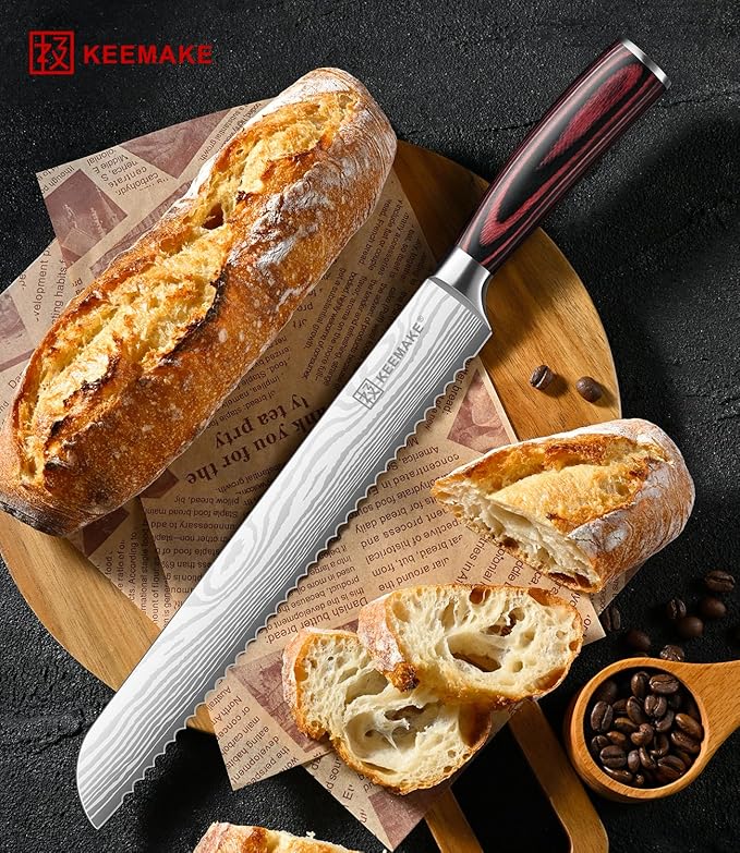 Serrated Bread Knife, KEEMAKE10 inch Ultra Sharp Serrated Bread Slicer for Homemade Bread Cake Bagels Cutting Less Crumbs - High Carbon Stainless Steel Cake Slicer with Ergonomic Wood Handle, Gift Box