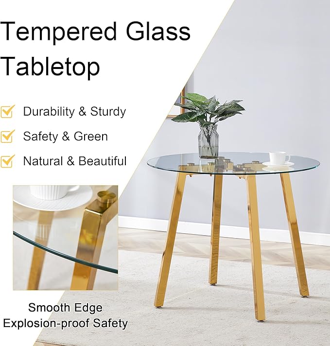 Round Dining Table Set for 4,36" Glass Dining Table Set for 4 with Stainless Steel Leg,Small Kitchen Table Set for 4 with Cushion Chairs,5 Piece Dining Table Set Space Saving