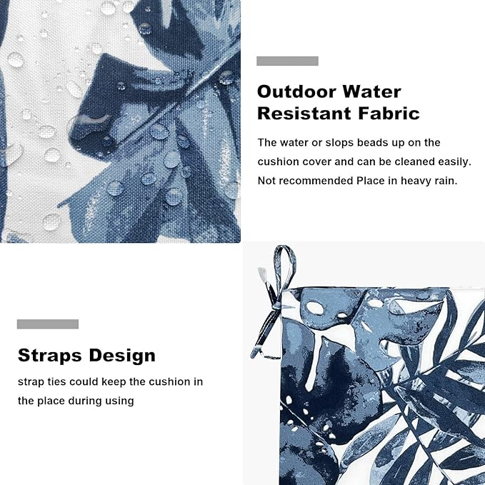 Set of 4 Outdoor Square Chair Cushions 18.5"x16"x2" for Patio, Water Resistant Patio Dining Seat Pads Replacement for Kitchen Garden and Outdoor Furniture Decoration - Palm Blue