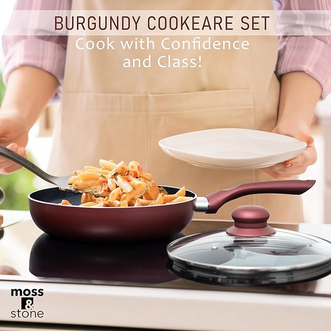 Moss & Stone 6 Pcs Nonstick Cookware Set, Pots And Pans Set Non stick With Glass Lid, Induction Cookware, Stay-Cool Handle PTFE/PFOA Kitchen Pots 6-Piece with Frying Pans & Saucepan, Burgundy