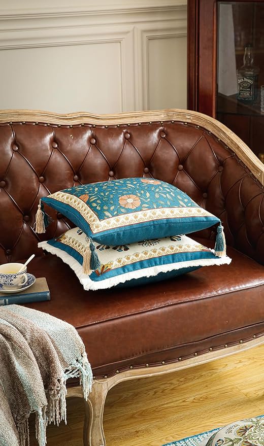 patdrea Designer Square Throw Pillow Covers Set of 2,French Floral Blue Farmhouse Linen Vine Branch Pattern Pillow Cover,Decorative Pillowcases Cushion for Bed Living Room Outdoor Car,18"x18"