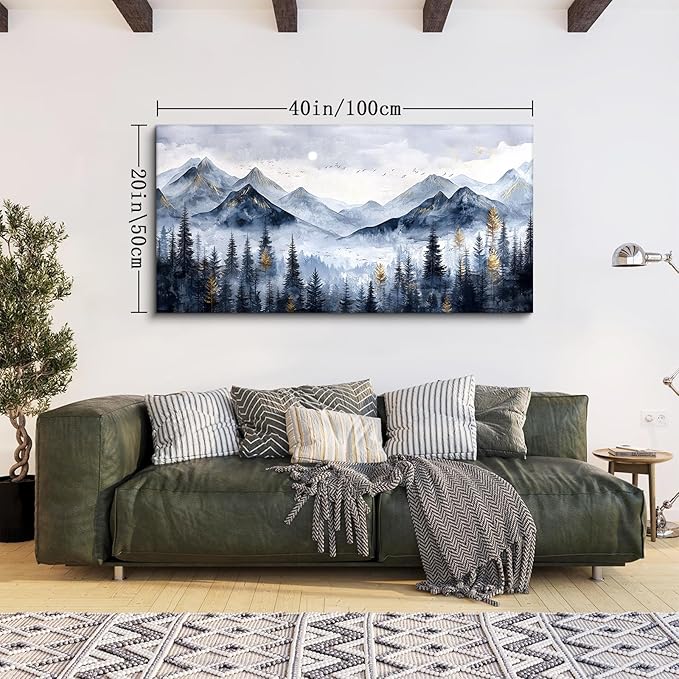 SERIMINO Mountain Landscape Large Wall Art, Misty Forest Canvas Prints, Blue Gold Watercolor Pine Tree Paintings Wall Decor Living Room Bedroom, Natural Scenery Office Decor Pictures 20"X40"
