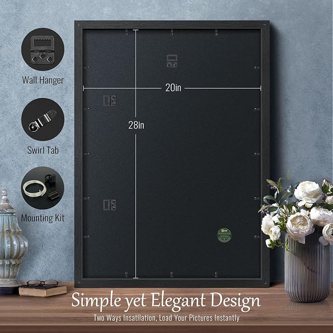 VCK 20x28 Picture Frame Set of 4 - Black, Gallery-Quality Wood Poster Frames, 1.1-Inch Wide Border, Polished Plexiglass, Vertical or Horizontal Wall Display for Photo/Art/Prints, Black