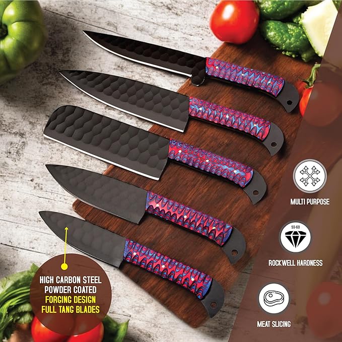 5 PCS Handmade Kitchen Chef Knife Set Hand Forged High Carbon Steel Blade Pakka wood Handle With Leather Bag Kit set included (Chef, Cleaver, Butcher, Paring, Fillet knife, Utility Knife) (Pakka Wood)