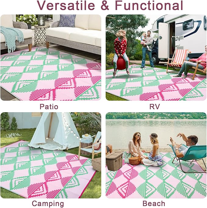 Beeiva Outdoor Rug Waterproof 6x9, Reversible Outdoor Plastic Straw Rug for Camping, Modern Geometric Large Patio Rugs for Porch, Deck, Backyard, Balcony, Picnic - Pink & Green