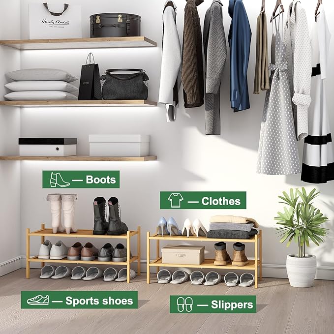 Bamboo Shoe Rack, 2-Tier Shoe Rack for Entryway, Free Standing Shoe Racks for Indoor & Outdoor, Stackable Shoe Organizer for Closet,