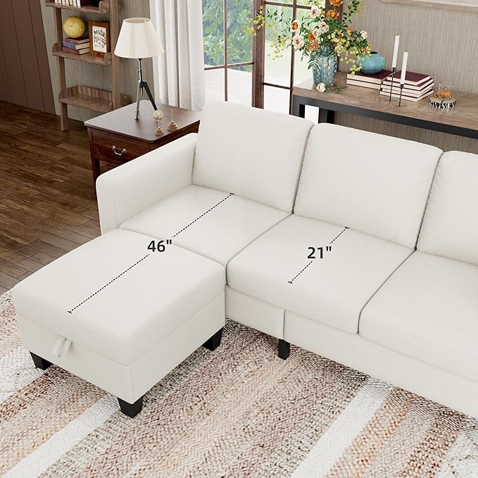 Sectional Sofa Couches for Living Room - Beige 3 Seat L-Shaped Couch with Storage Ottoman, Comfy Fabric Convertible Sectionals Sofas with Chaise for Apartment, Office, Small Space