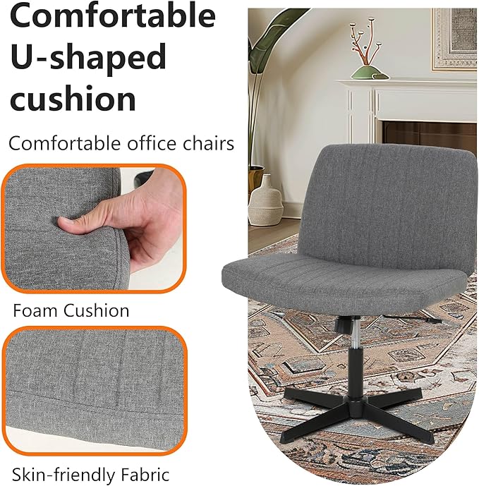 FDW Criss Cross Chair Armless Cross Legged Office Desk Chair Adjustable Swivel Ergonomic No Wheels U Shaped Backrest with Wide Seat Native Sponge Computer Task Vanity Chair for Home Office