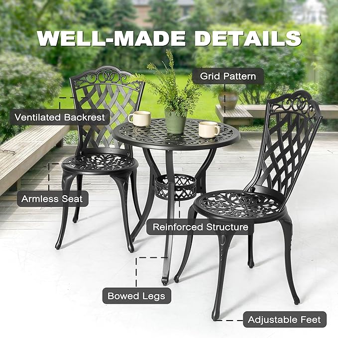 NUU GARDEN 3-Piece Patio Bistro Set Outdoor Cast Aluminum Bistro Table and Chairs Set of 2, Outdoor Patio Bistro Set with Umbrella Hole for Patio Balcony, Black