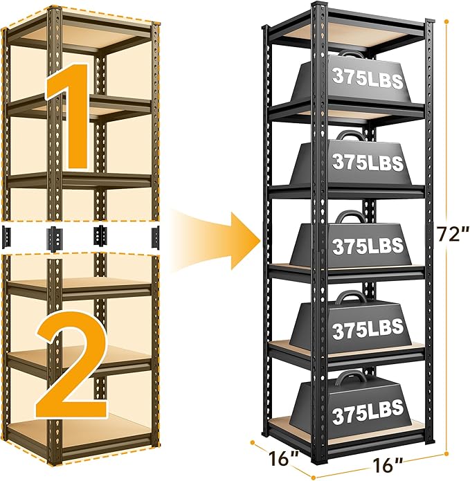 REIBII Storage Shelves 6 Tier Garage Shelving Heavy Duty Metal Shelving Loads 2250LBS Adjustable Metal Shelves for Warehouse Pantry Kitchen Closet 16" W x 16" D x 72" H
