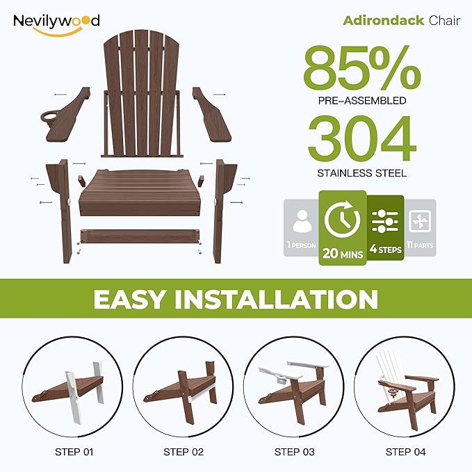 nevilywood Folding Adirondack Chair with Cup Holder Set of 2, HDPE Patio Chairs,All-Weather Outdoor Chairs for Backyard, Deck,Fire Pit-Coffee