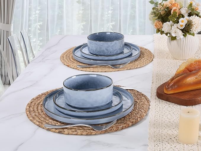 LIANYU 16 Piece Dinnerware Dish Sets with Salad Blows, Plates and Bowls Dinner Set for 4, Stoneware Dish Tableware for Dessert Salad Pasta, Microwave & Dishwasher Safe, Serenity Blue