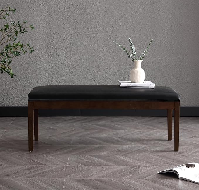 PU Leather Dining Bench Upholstered Entryway Bench Farmhouse Shoe Bench Seat Ottoman for Hallway Living Room Bedroom End of Bed Dining Room Kitchen, 45.5" Long, Black