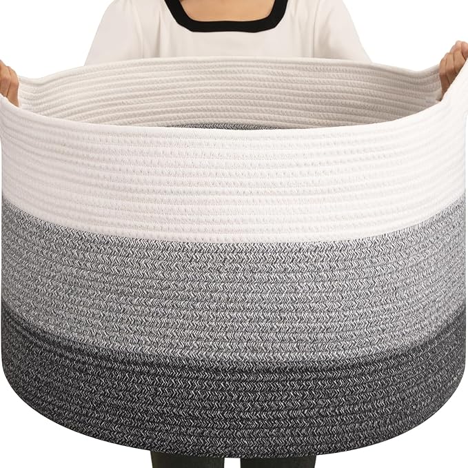 OIAHOMY Extra Large Storage Basket, 24" x 15" Woven Blanket Storage for Living Room, Round Laundry Basket for Pillow - Gradient Grey