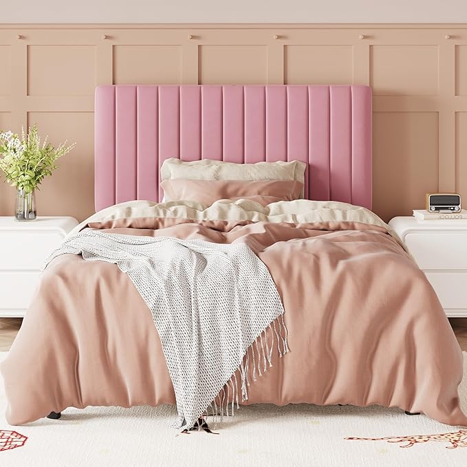 Allewie Twin Bed Frame, Velvet Upholstered Platform Bed with Adjustable Vertical Channel Tufted Headboard, Mattress Foundation with Strong Wooden Slats, Box Spring Optional, Easy Assembly, Pink