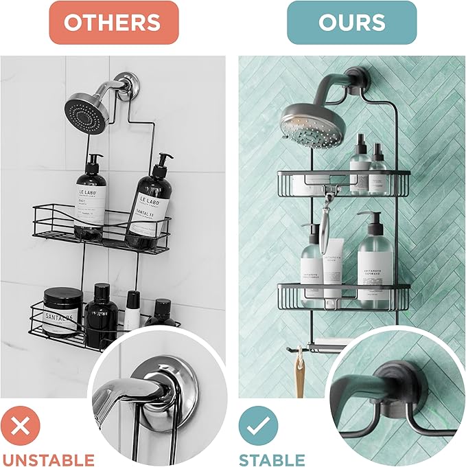 Zenna Home Rustproof Hanging Shower Caddy, Over the Shower Head Caddy with 2 Shelves and Built In Hooks, Aluminum Bathroom Hanging Organizer, Black