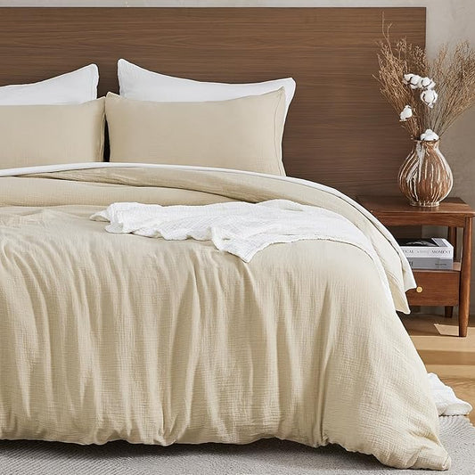EMME Muslin Cotton Duvet Cover Set Twin Size Light Tan Linen Like Soft Breathable Lightweight Summer Comforter Cover Set with Zipper Closure (Light Tan, Twin, 68"x90")