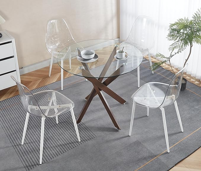 Round Glass Dining Table,Glass Dining Room Table with Tempered Glass Tabletop and Metal Legs, Modern Style Glass Kitchen Table for Home, Kitchen, Dining Room