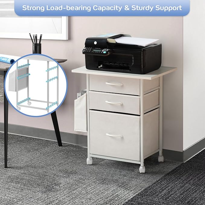 Printer Stand with 3 Fabric Drawer, Mobile File Cabinet for Home Office with Storage Bag, Rolling Under Desk Organizer Shelf, Fits A4 or Letter Size, Complete Top Plate Fast Assembly (White)