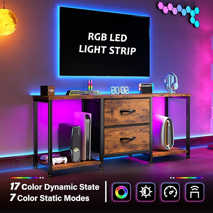 LED TV Stand Dresser for TVs up to 55 Inch, Entertainment Center with 2 Fabric Drawers and 2 Open Storage Shelves, Coffee Table Television Stands for Living Room, Bedroom, Wood Top, Rustic Brown