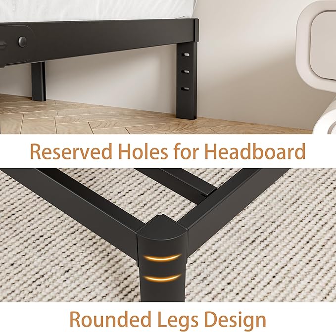 Full Size Bed Frame 12 Inch, Black Metal Full Bed Frame No Box Spring Needed, DIY Headboard Holes, Heavy Duty Steel Support 3500 LBS, Noiseless, Round Corner Legs, Storage Space, Easy Assembly