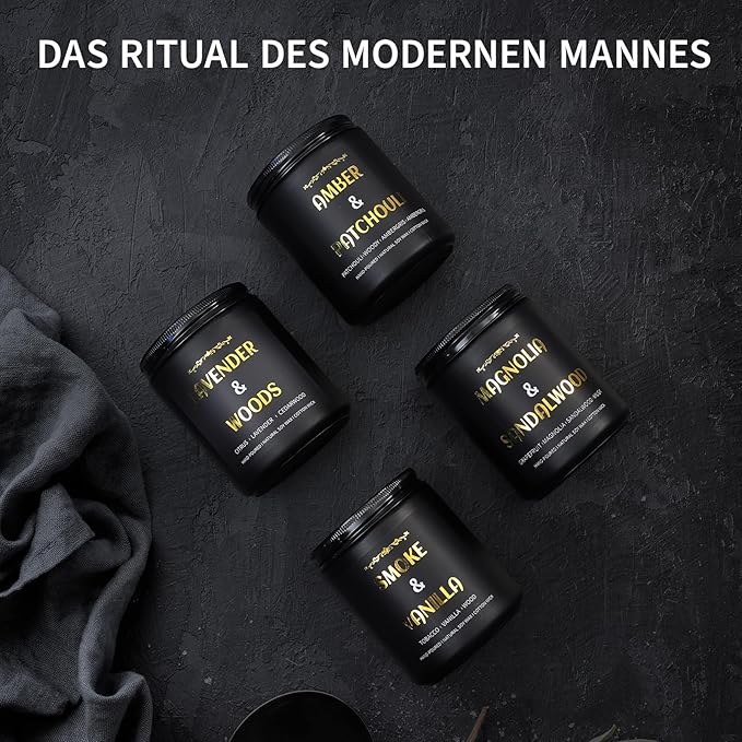 Scented Candles for Men, 4 Pack Mens Candle Set, Soy Candles for Home Scented, Masculine Candle for Him, 28oz, 200 Hours Burning Time Aromatherapy Candles of Lavender/Eucalyptus/Leather/Oak